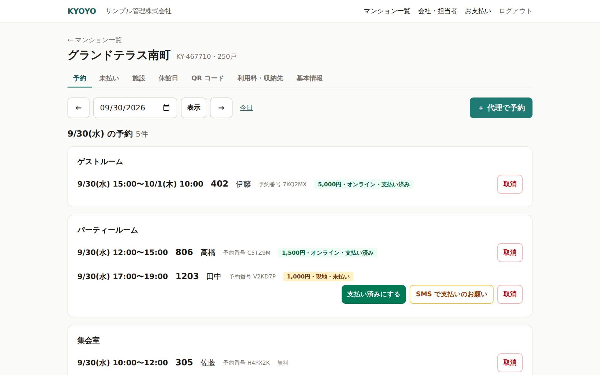 管理画面の予約一覧